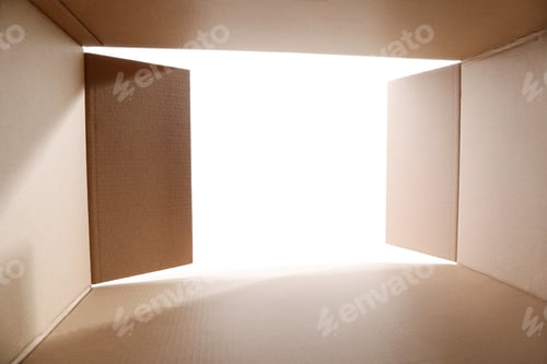 Preview: Open cardboard box against white background, view from inside package