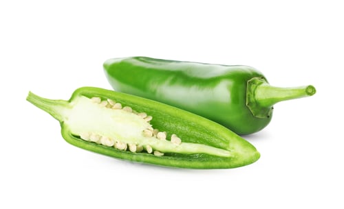 Preview: Fresh green jalapeno peppers isolated on white. Whole and sliced