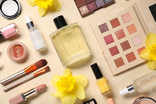 Preview: Flat lay composition with different makeup products and beautiful spring flowers on beige background