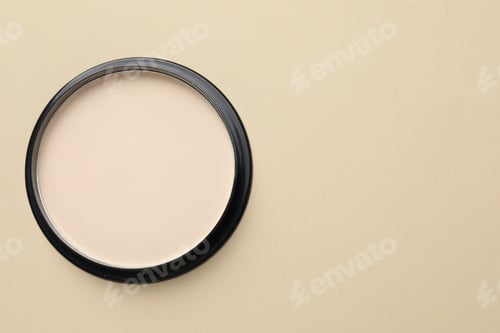 Preview: Face powder on beige background, top view. Space for text
