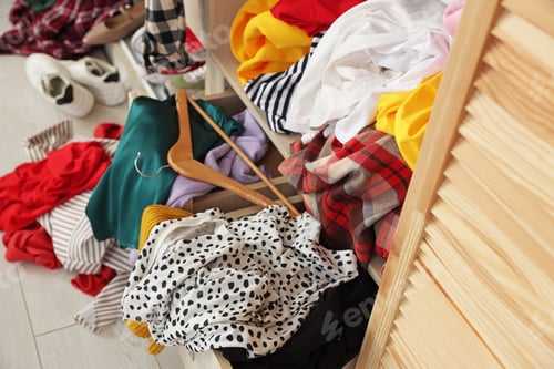 Preview: Many different messy clothes in wardrobe indoors, closeup