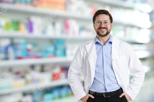 Preview: Pharmacist smiling against shelves with medicaments in drugstore