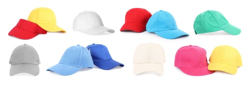 Preview: Baseball and visor caps in different colors isolated on white, set