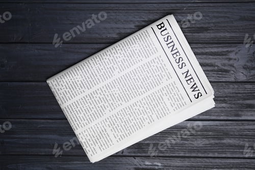 Preview: Business newspaper on black wooden background, top view