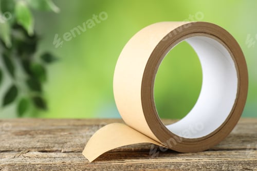 Preview: Eco-friendly packaging. Roll of masking tape on wooden table against blurred background, closeup. Sp