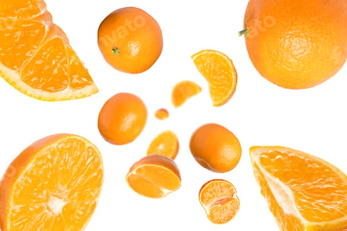 Preview: Sweet tangerines whirling in air against white background
