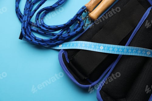 Preview: Measuring tape, jumping rope and ankle weights on light blue background, flat lay