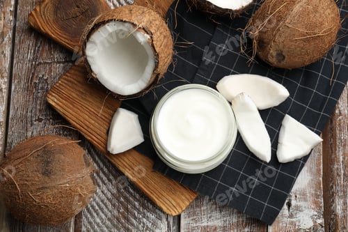 Preview: Delicious coconut yogurt in glass jar and fruits on wooden table, flat lay