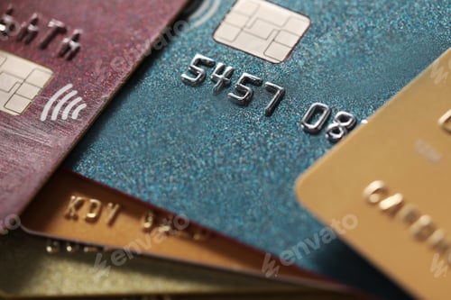 Preview: Different plastic credit cards as background, macro view
