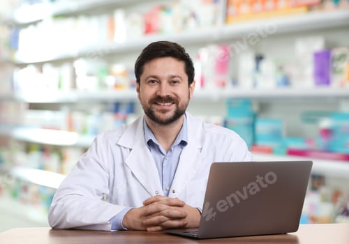 Preview: Pharmacist at table with laptop in drugstore