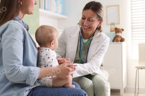 Preview: Mother with her baby having appointment with pediatrician in hospital, closeup. Doctor checking chil