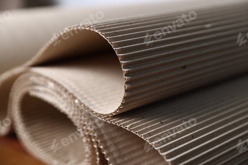 Preview: Corrugated cardboard paper on brown table, closeup. Packaging material
