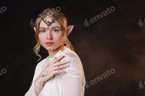 Preview: Beautiful elf girl on black background with smoke, space for text