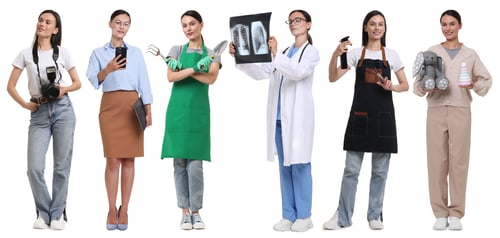 Preview: Choice of profession. Same woman representing different occupations. Collage of portraits on white b