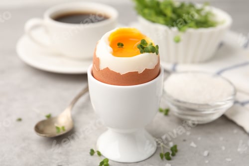 Preview: Tasty breakfast with soft boiled egg, microgreens, salt and coffee on grey table, closeup