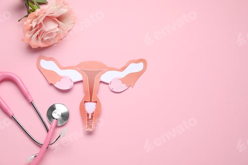 Preview: Gynecology. Female reproductive system made of paper, rose and stethoscope on pink background, flat