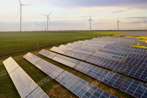 Preview: Solar panels and wind turbines outdoors. Alternative energy source