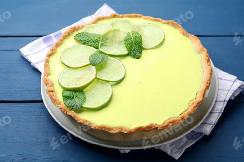 Preview: Tasty lime pie with fruit slices and mint leaves on blue wooden table, closeup