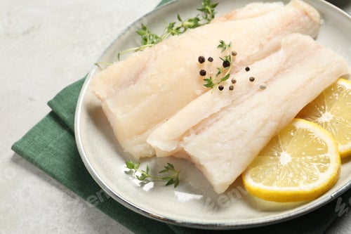 Preview: Plate with raw cod fish, spices, microgreens and lemon on grey table, closeup