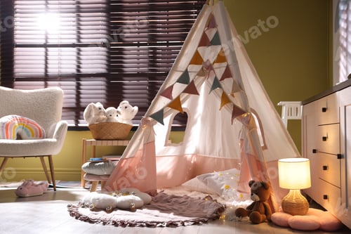 Preview: Beautiful wigwam, cushions and toys in child's room