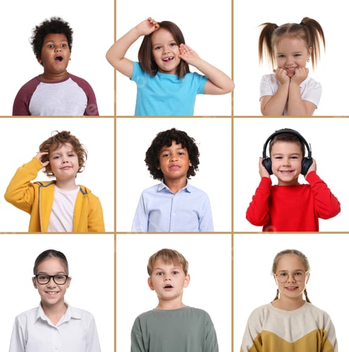 Preview: Cute children on white background. Collage of portraits