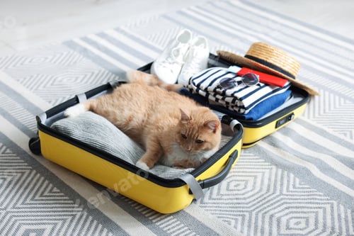 Preview: Cute cat sitting in suitcase with clothes at home. Traveling with pet