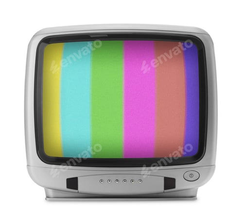 Preview: Old TV with color bars test card on screen. White background