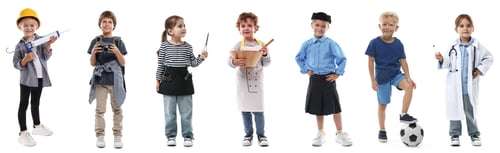 Preview: Choice of profession. Cute children in different clothes representing various occupations. Collage o