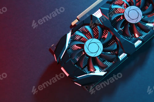 Preview: Computer graphics card on color background, top view. Space for text