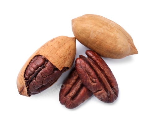 Preview: Many tasty pecan nuts isolated on white, top view