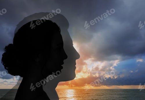 Preview: Silhouettes of man and woman against seascape at sunset. Love, bonding, relationships