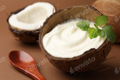 Preview: Tasty coconut yogurt with melissa leaves in shell and nuts on brown background, closeup