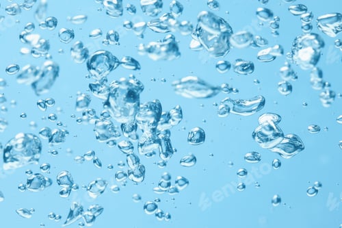 Preview: Pure water with bubbles against light blue background