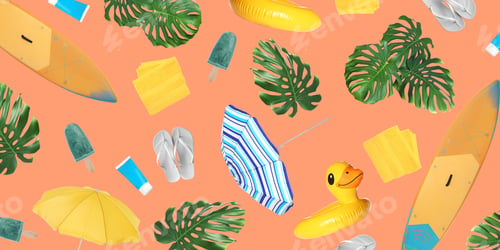 Preview: Summer seamless pattern of different seasonal objects on coral background. Bright banner design