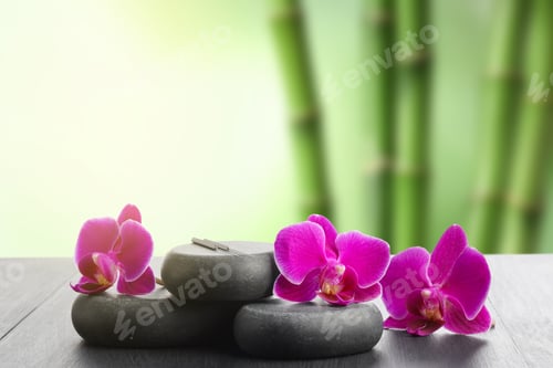 Preview: Acupuncture needles, spa stones and flowers on wooden table outdoors