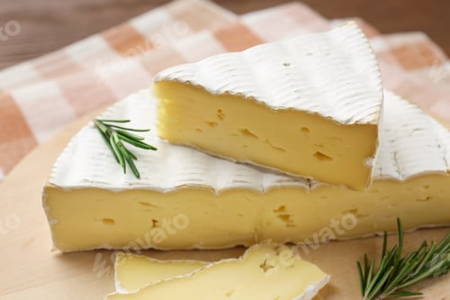 Preview: Cut delicious brie cheese with rosemary on wooden table, closeup