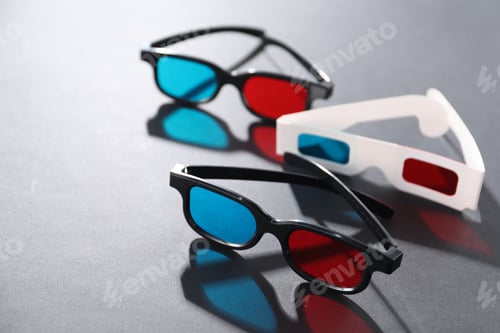 Preview: 3D glasses on gray background, closeup view