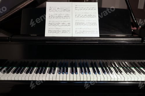 Preview: Classic piano with notes, closeup. Musical instrument