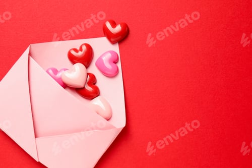 Preview: Love. Envelope with decorative hearts on red background, flat lay. Space for text