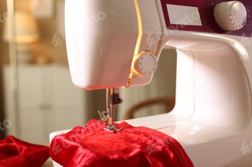Preview: Sewing red fabric with professional machine in workshop, closeup