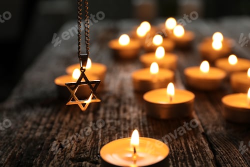 Preview: Holocaust Remembrance Day. Pendant in shape of Star of David and burning candles on wooden table, cl