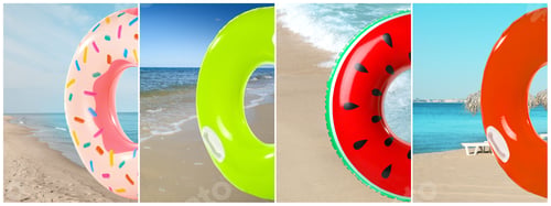 Preview: Sea and different swim rings, collage. Summer vacation