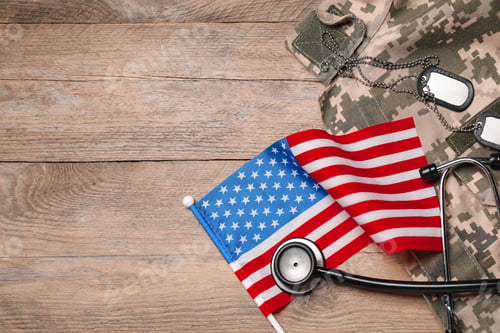 Preview: Stethoscope, USA flag, tags and military uniform on wooden table, flat lay. Space for text