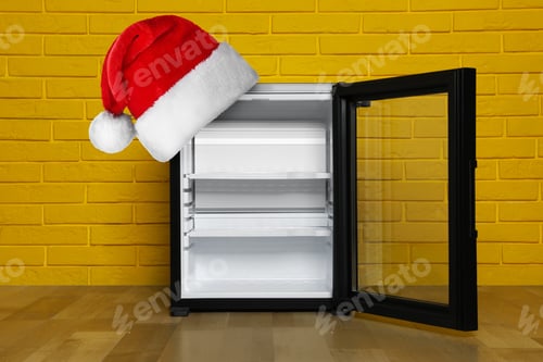 Preview: Open empty fridge with red Santa hat near orange brick wall in room