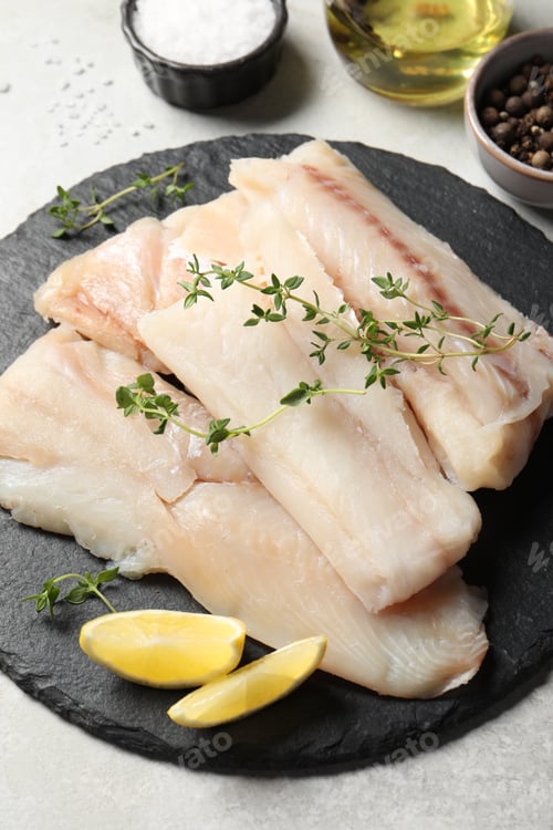 Preview: Pieces of raw cod fish, lemon and spices on light grey table