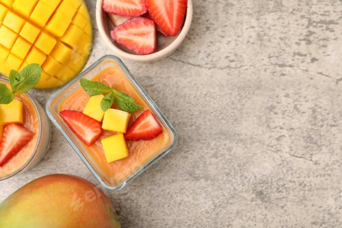 Preview: Delicious mango panna cotta, fruits and mint on grey table, flat lay. Space for text