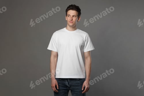 Preview: Handsome young man in blank white t-shirt on grey background. Mockup for design