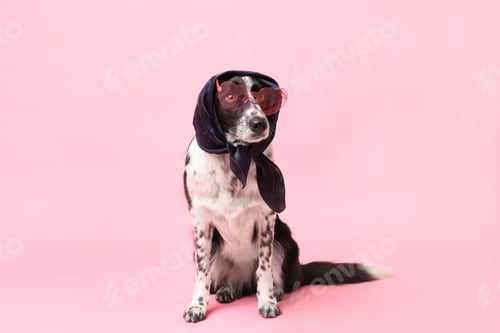 Preview: Pet's clothes. Cute Border Collie dog wearing sunglasses and handkerchief on pink background