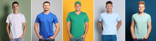 Preview: Many men in different t-shirts on colorful backgrounds. Collage of portraits