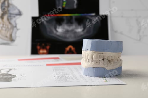 Preview: Dental model with gums, anatomy charts and panoramic x-ray on table. Cast of teeth